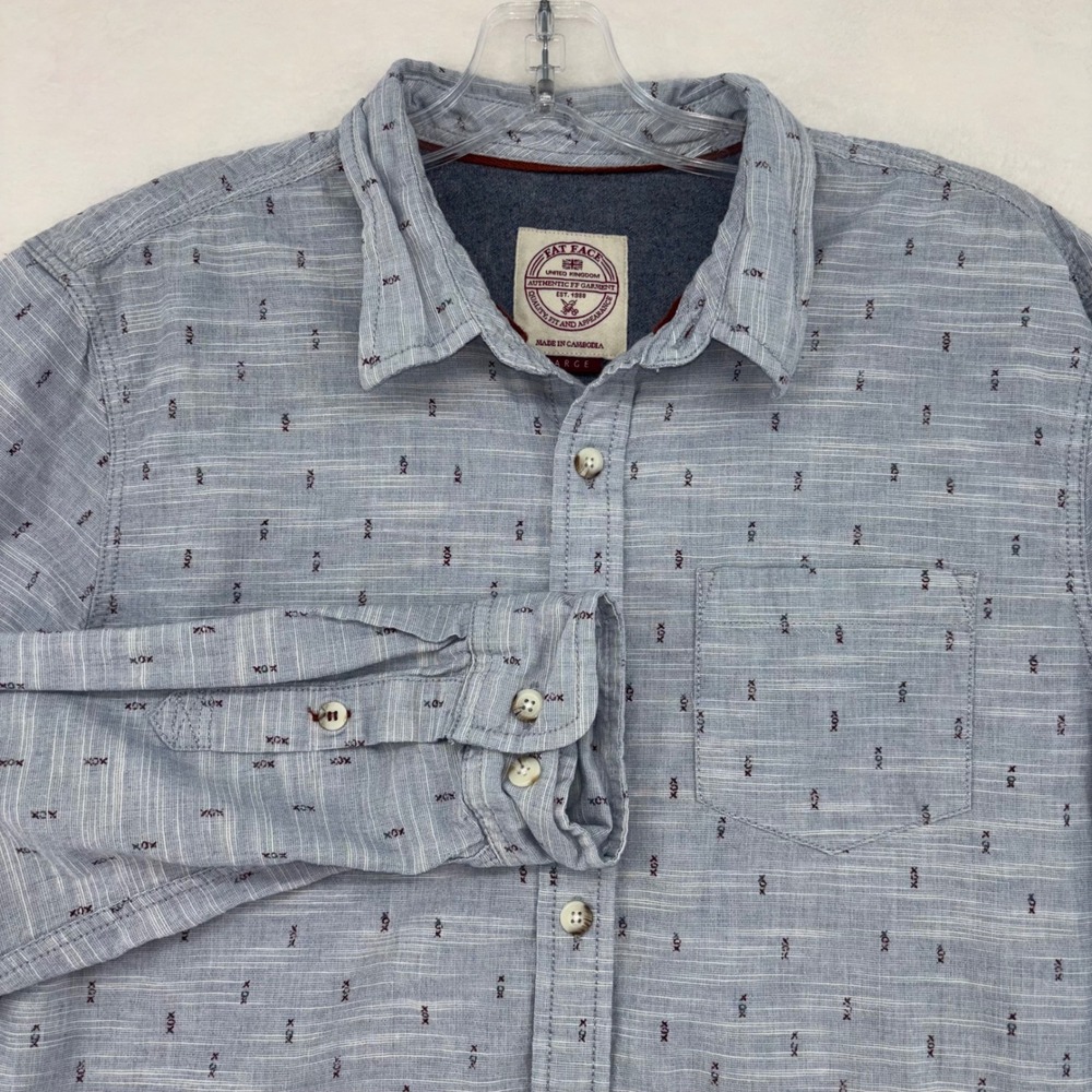FatFace Mens Blue Slub Cotton Button Down Shirt Large Long Sleeve Embroidered L